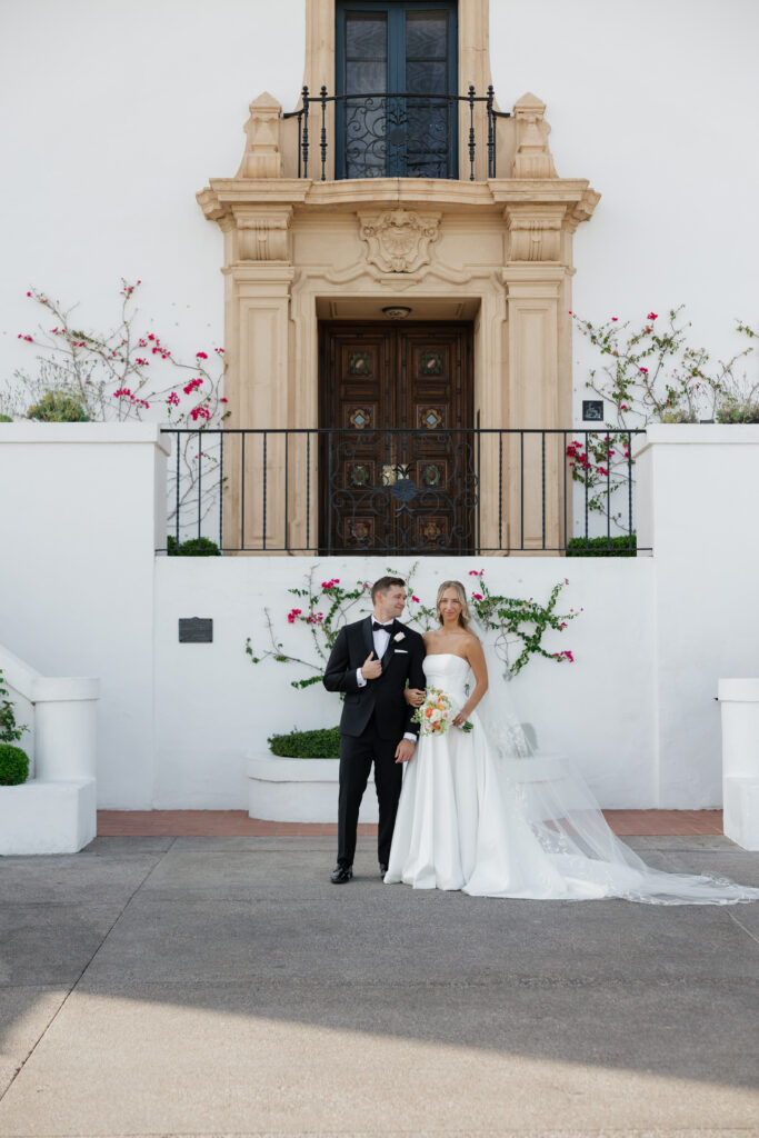 Bride and groom wedding portrait outside Wrigley Mansion in Phoenix Arizona